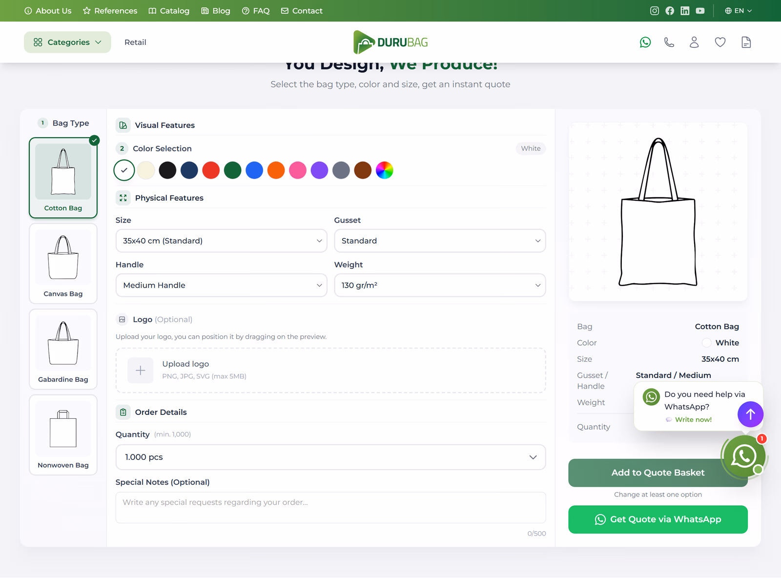 Baginator; durucanta.com live configurator UI preview