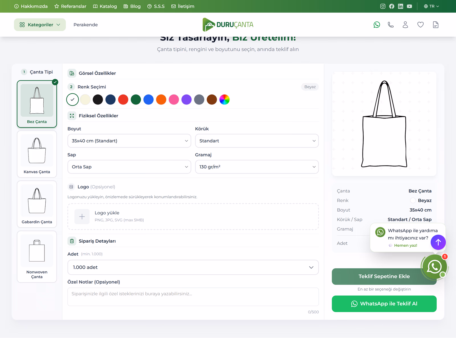 Baginator; durucanta.com canlı configurator UI önizleme