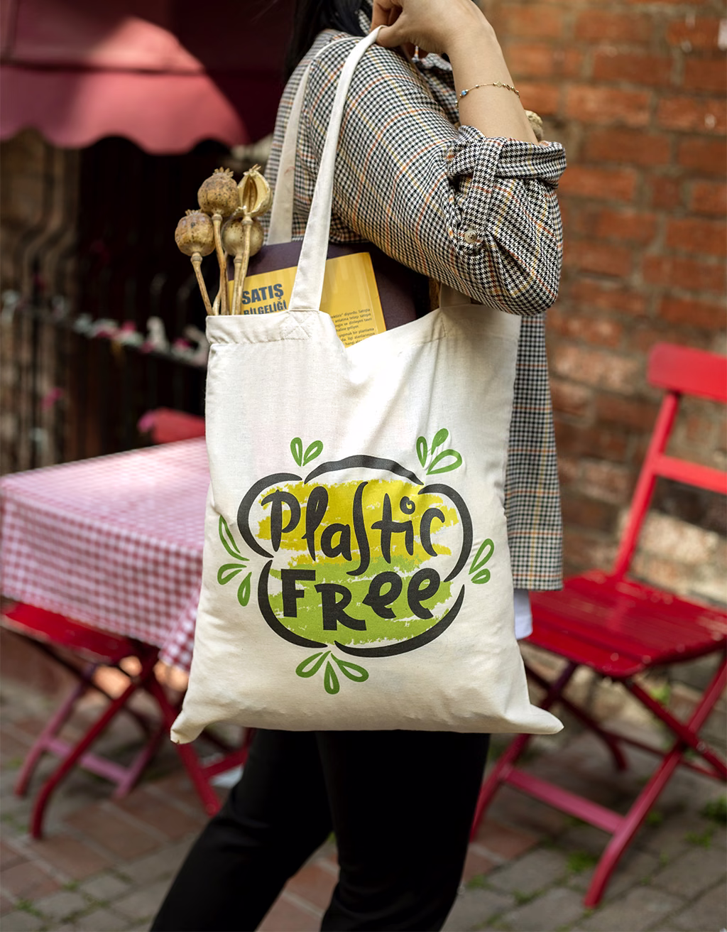 Plastic Free baskılı krem bez çanta
